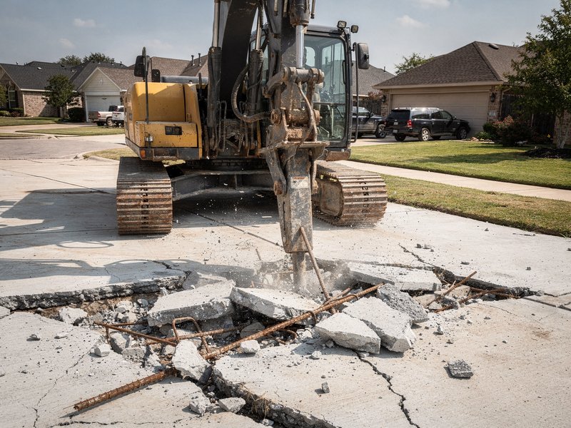 Broken concrete slab being removed from a Chicago property