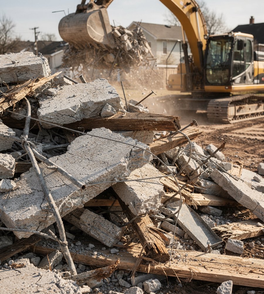Excavator loading concrete and wood demolition debris on a Chicago job site
